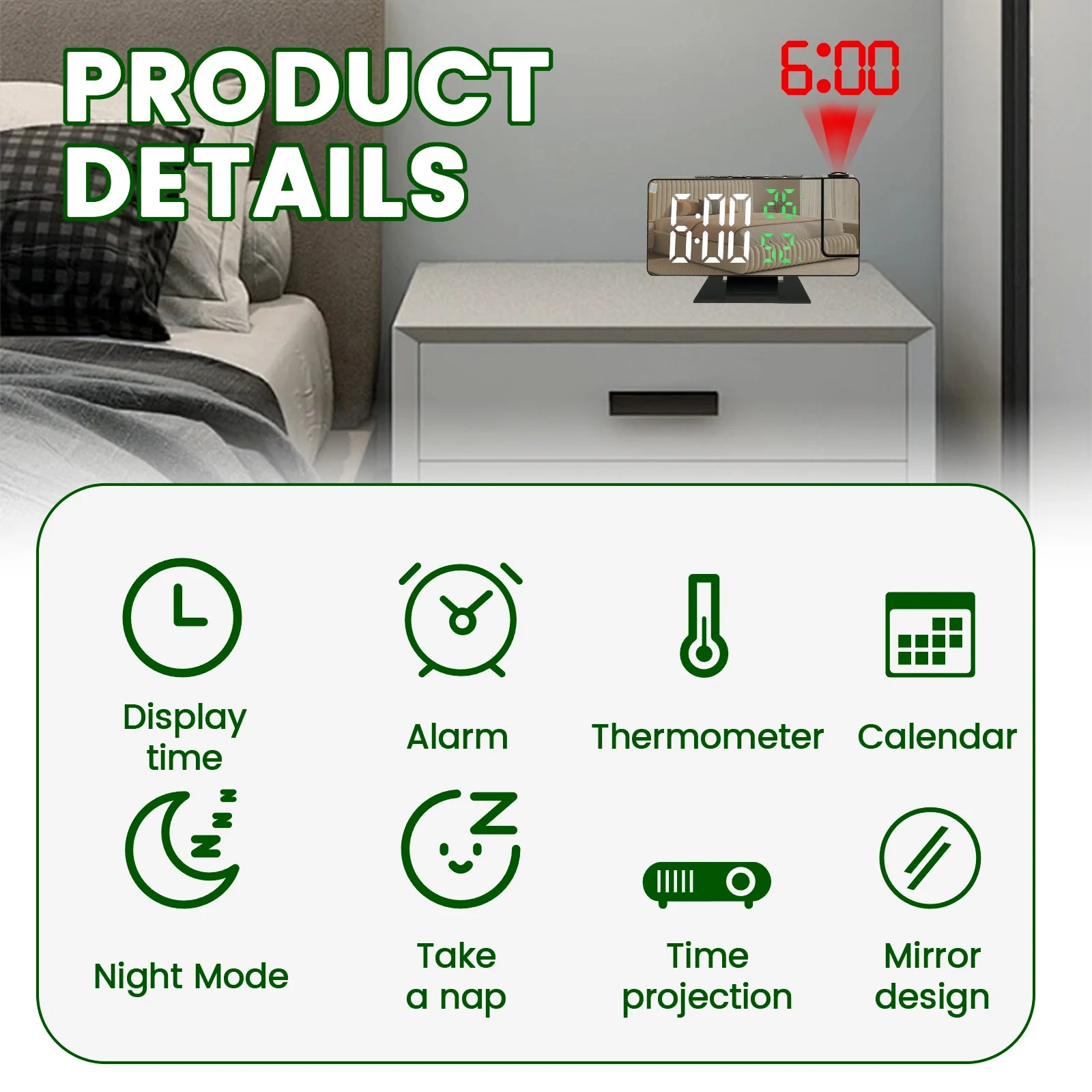 Projection digital alarm clock 180 ° arm projection LED