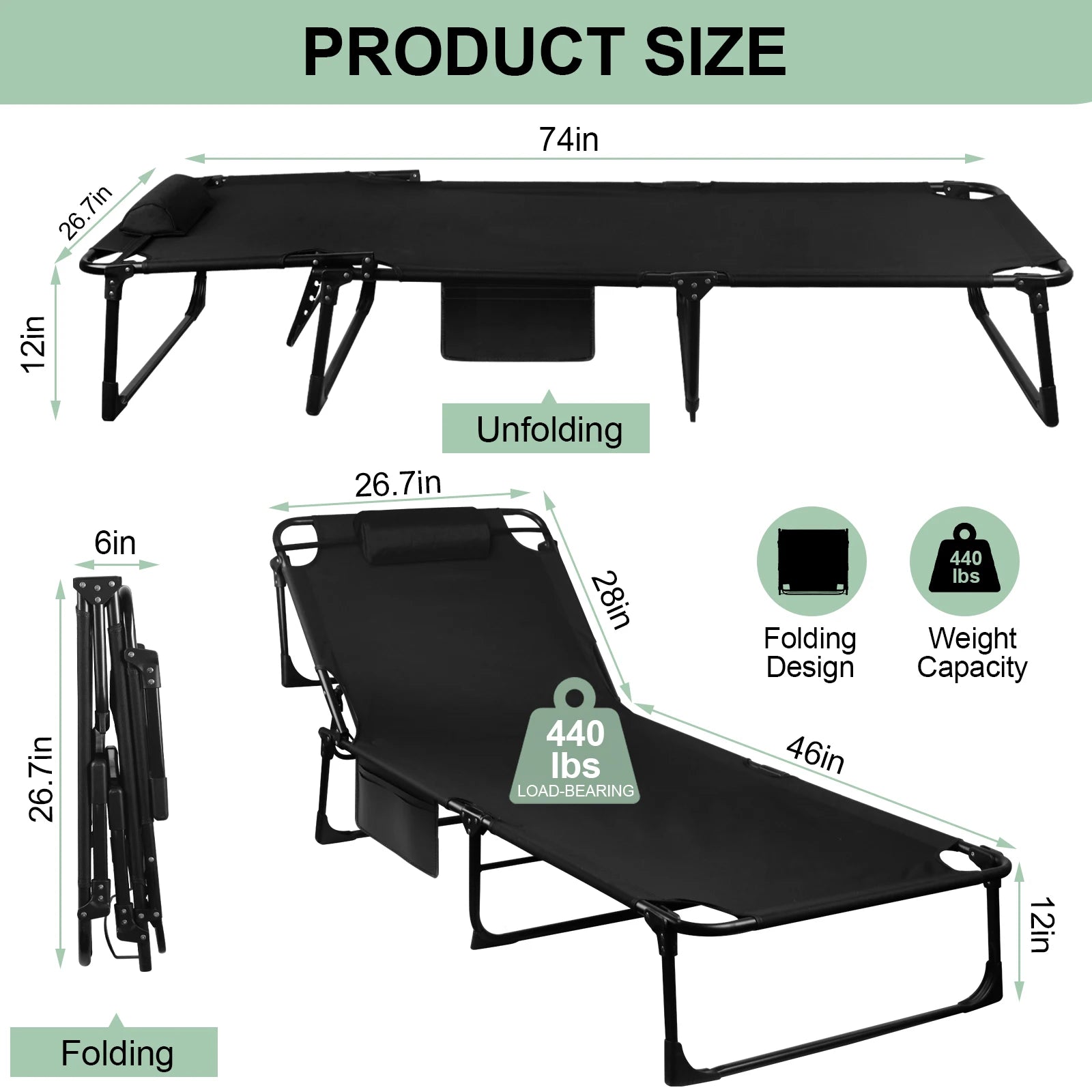 Portable Folding Camping Cot - 3-Position Adjustable