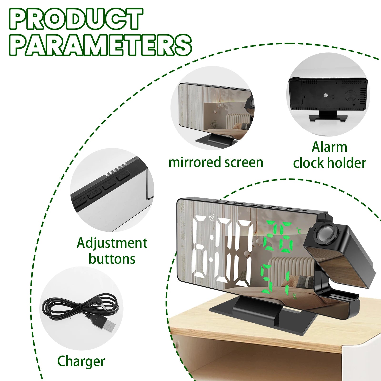 Projection digital alarm clock 180 ° arm projection LED